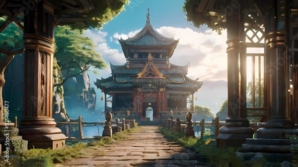 Fototapeta ゲーム背景　廃墟神殿の奥にある中華ファンタジー風の仏塔風家屋