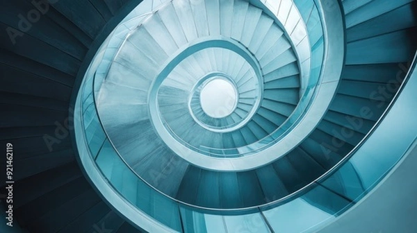 Fototapeta Spiral staircase inside a modern cylindrical building with glass floors