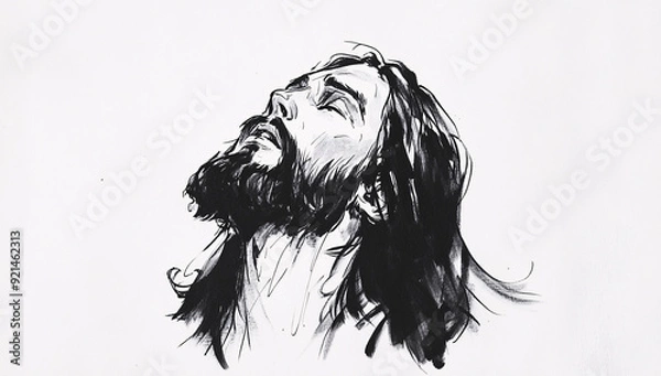 Fototapeta Minimalistic black and white ink drawing of Jesus Christ