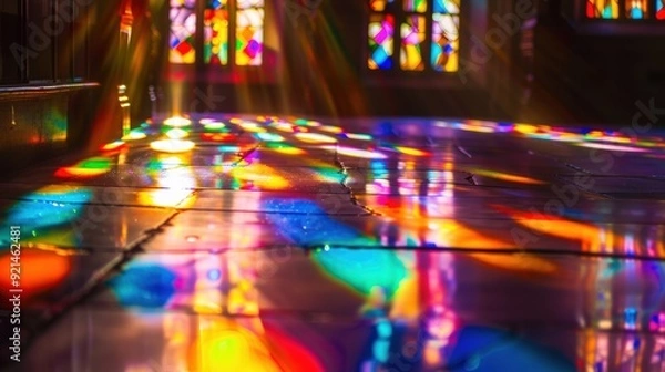 Fototapeta Sunlight is shining through stained glass windows, creating colorful reflections on a church floor