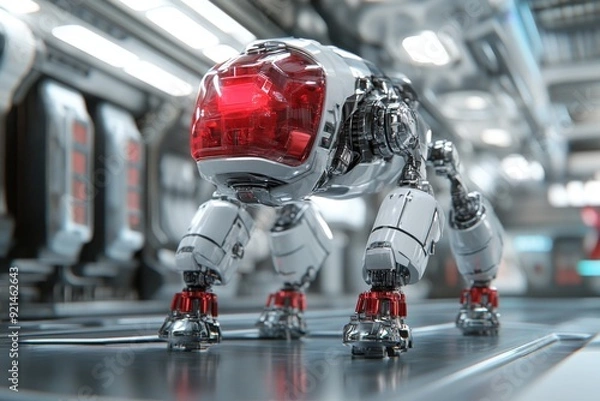 Fototapeta Robot carefully navigating a pharmaceutical production line representing the role of AI in precision medicine manufacturing