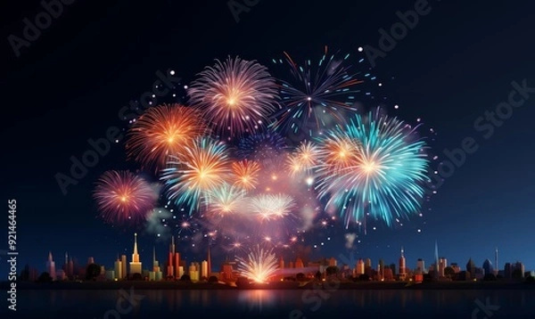Fototapeta Explosive fireworks display flat design, side view, celebration night, 3D render, Triadic Color Scheme