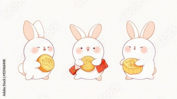 Obraz Three cute rabbits holding mooncakes and a food item, conveying a festive theme.