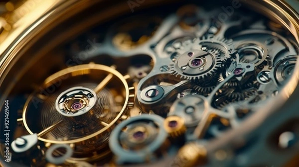 Fototapeta Detailed View of an Intricate Watch Movement with Gears and Springs