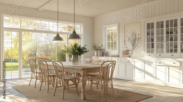 Fototapeta Sunlight streams through windows in a modern farmhouse kitchen with a large dining table and chairs.