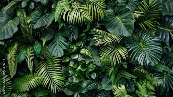 Fototapeta A dense arrangement of various green leaves fills the space, showcasing different textures and shades