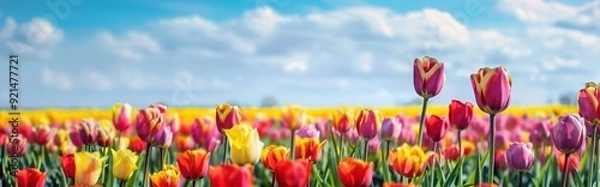 Fototapeta Colorful Tulips Blooming in a Field Under a Blue Sky