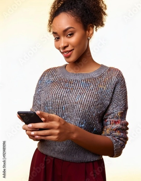 Obraz A woman is holding a phone and smiling