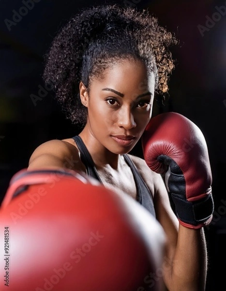 Obraz A woman wearing a black tank top and a red boxing glove