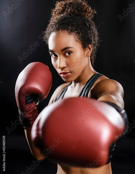 Obraz A woman wearing a black tank top and a red boxing glove