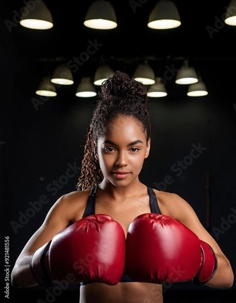 Obraz A woman wearing a black tank top and a red boxing glove