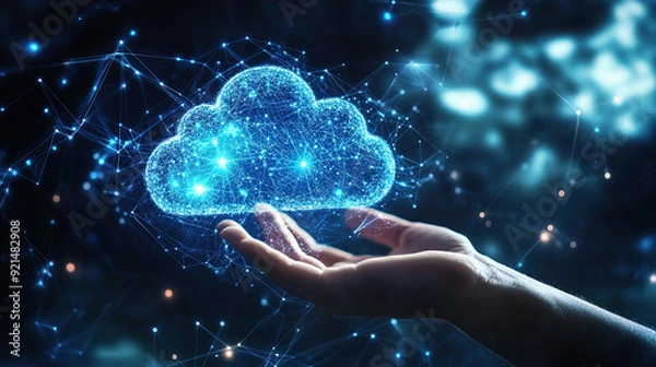Fototapeta A hand holding a cloud icon with a glowing effect on a dark blue background