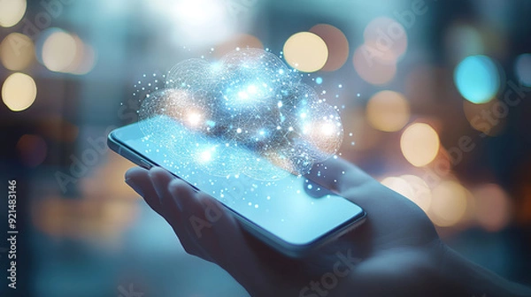 Fototapeta hand holding smartphone with cloud of digital connections and data