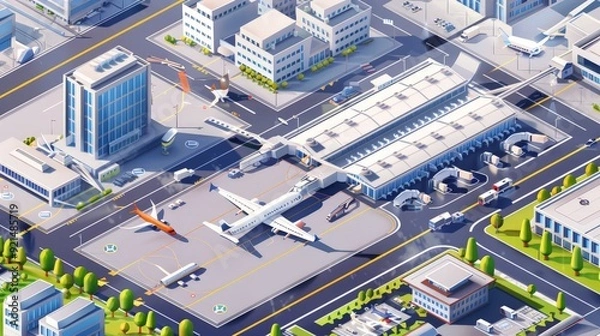 Fototapeta An isometric view of a city airport with terminals, runways, and surrounding infrastructure, illustrating the connectivity of the urban area.