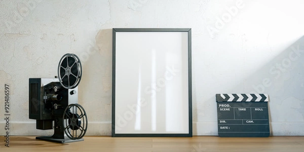 Obraz Movie poster mockup with projector and clapper. 3d rendering