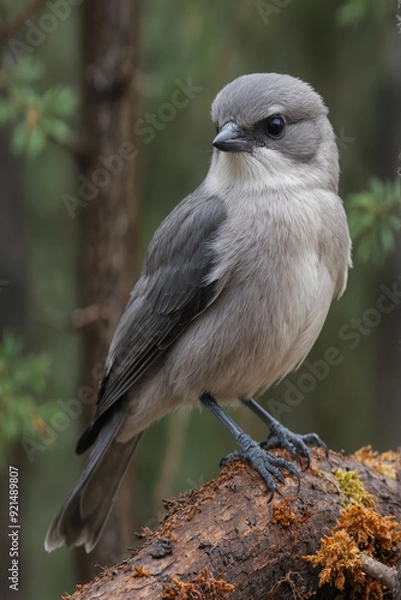 Obraz Gray Jay Perched on Mossy Log in Forest