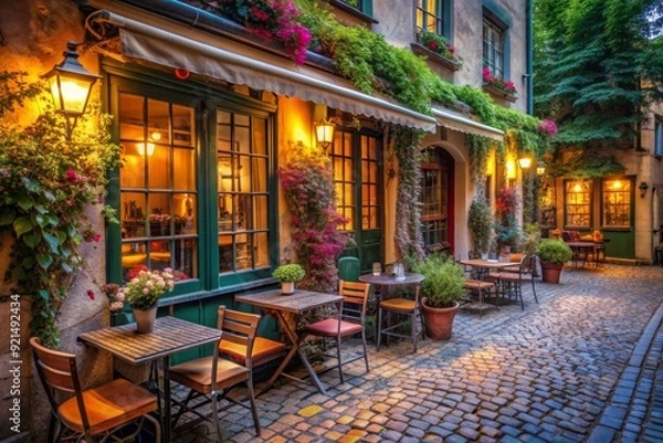 Fototapeta A street scene with a cafe with green awnings and potted plants