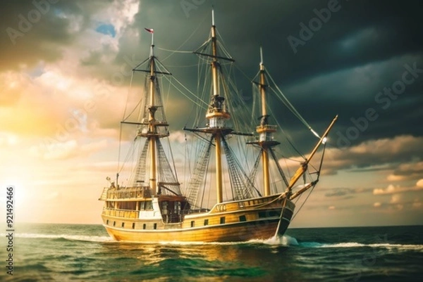 Fototapeta A large ship sails through the ocean on a cloudy day