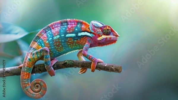 Fototapeta Color photo of a colorful chameleon on a branch, vibrant colors with a curled tail, tropical jungle, bright natural light