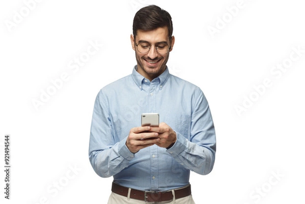 Fototapeta Portrait of cheerful businessman in round glasses typing message with phone