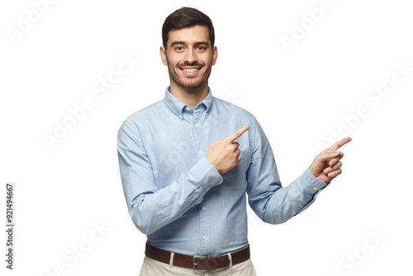 Fototapeta Smiling businessman pointing right with two hands and looking at camera