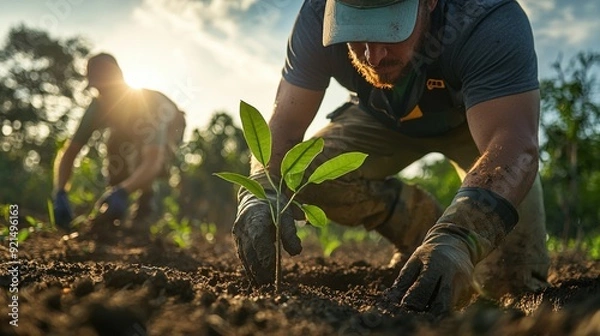 Obraz A close-up of a nature management team in action, planting native trees in a reforestation project. The scene captures detailed interactions with the environment, including soil preparation and