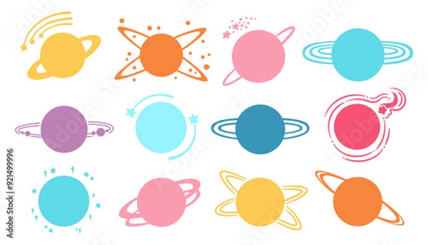Fototapeta Planets fantasy cartoon silhouette set. Abstract galaxy colorful shape planets. Fantastic cosmos, collection celestial space contour spheres shadow planets art. Vector design isolated illustration