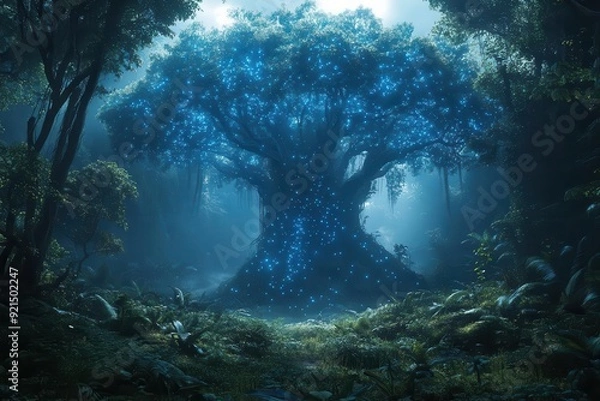 Fototapeta misty rainforest with bioluminescent plants otherworldly flora ethereal fog towering ancient trees hidden waterfall fantasy jungle landscape