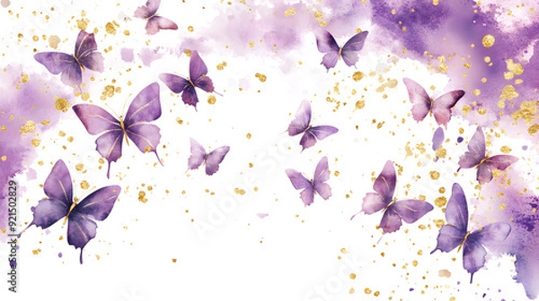 Obraz Purple Butterfly Dreamscape: Watercolor butterflies flutter through a whimsical purple and gold dreamscape, evoking tranquility and ethereal beauty. 