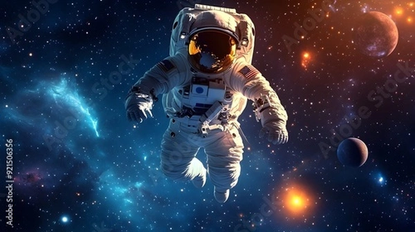 Fototapeta Whimsical Astronaut Floating Amidst Cosmic Splendor of Stars and Planets