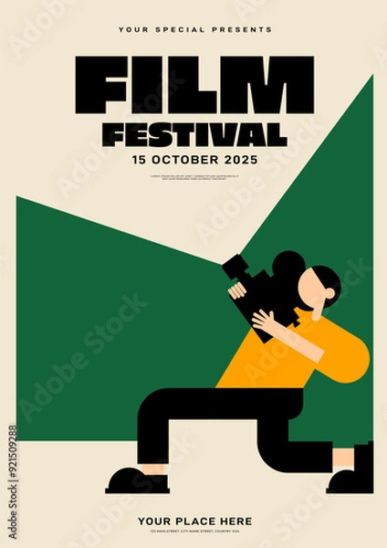 Fototapeta Cameraman holding vintage film camera. Movie and film festival poster template design background.
