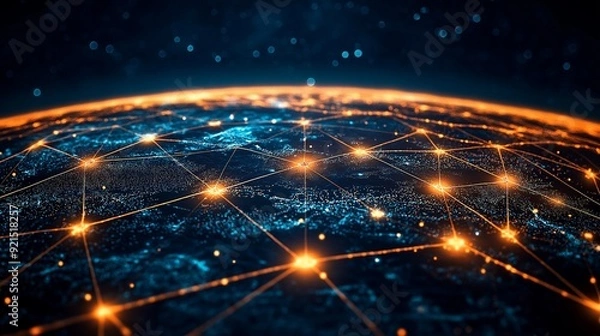Fototapeta An electronic depiction of international communication networks, displaying networked nodes and data flow, signifying global connectivity and information sharing