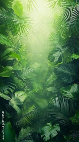 Fototapeta Lush green palm leaves frame vibrant tropical jungle scene