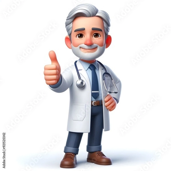 Fototapeta Male doctor showing thumb up, sign of approval, medical worker 3d character, isolated on white
