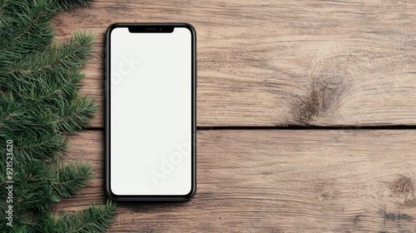 Fototapeta Smartphone with Blank Screen on Rustic Wooden Table with Green Pine Branches - Perfect for Holiday, Technology, and Nature Themes