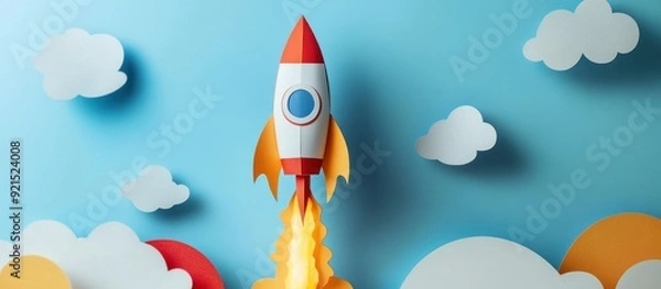 Fototapeta Paper Rocket Launch with Clouds on Blue Background