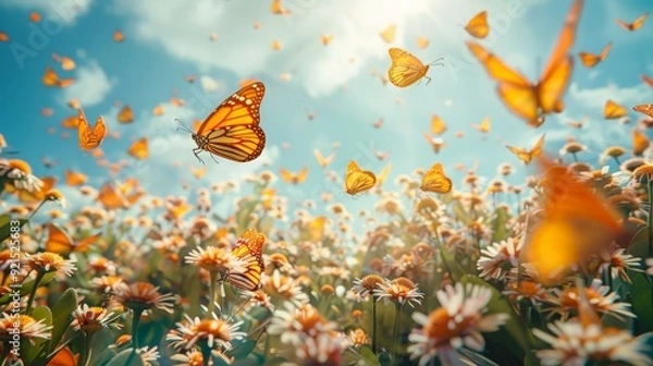 Fototapeta An illustrated scene of a butterfly and bee sharing a flower, highlighting pollination and nature's harmony
