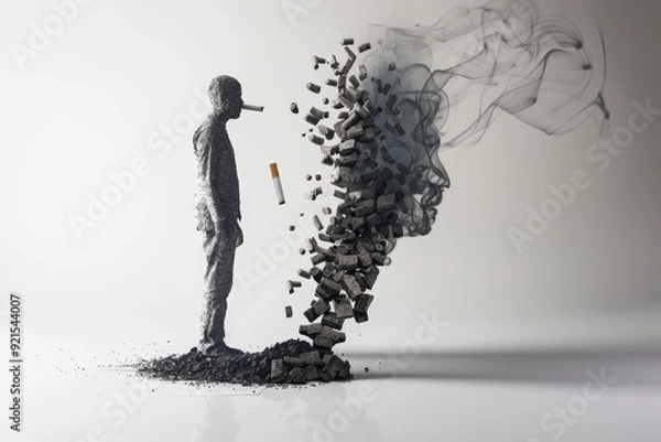Fototapeta Stark image of a man smoking juxtaposed against the background of a cigarette reflecting on the burden of addiction