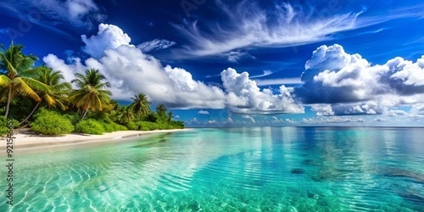 Fototapeta Stunning tropical beach scene with azure sky and crystal clear waters reflecting clouds, beach, tropical, coastline