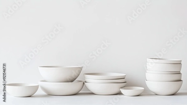Fototapeta A minimalist arrangement of white ceramic bowls and plates on a pristine white background, emphasizing their simplicity and elegance.