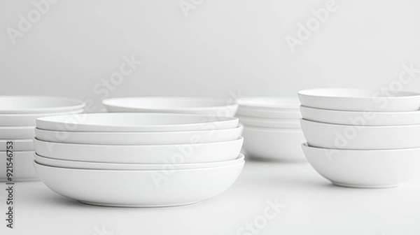 Fototapeta A minimalist display of white ceramic dinnerware, including bowls and plates, set against a pure white background, emphasizing their timeless elegance.