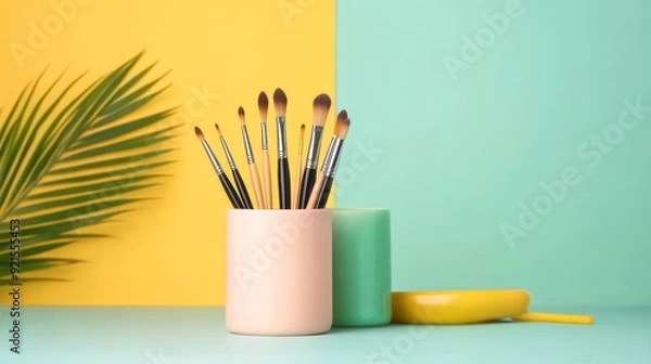 Fototapeta Colorful ceramic brush holders, bright and playful setup, varied tools for painting and makeup, vibrant backdrop, creative and eclectic style