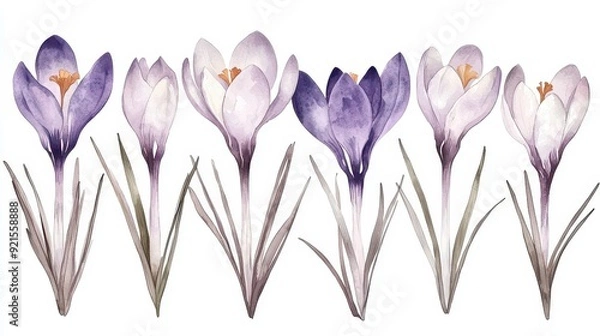Obraz Watercolor crocus clipart with delicate purple and white flowers