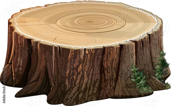 Fototapeta A weathered tree stump with visible rings and cracks sits on a dark background.