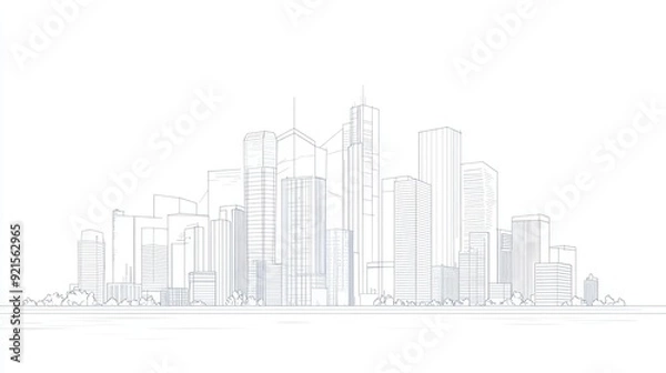 Fototapeta Abstract line drawing of a city skyline, with a clean, modern background allowing for text