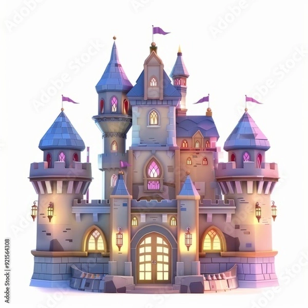 Fototapeta 3D Render, Low Poly style of enchanted castle hall with magical elements, on isolated white background