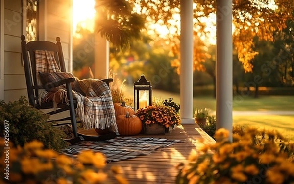 Fototapeta 8. A front porch decorated for fall with pumpkins, lanterns, a cozy rocking chair with a plaid blanket, and potted mums in full bloom, all bathed in the golden light of the setting sun