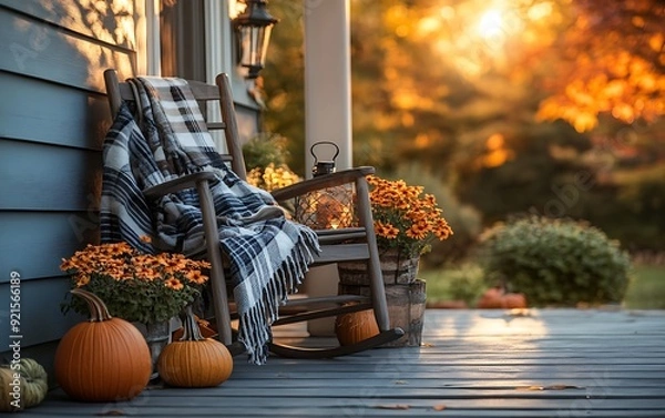 Fototapeta 8. A front porch decorated for fall with pumpkins, lanterns, a cozy rocking chair with a plaid blanket, and potted mums in full bloom, all bathed in the golden light of the setting sun