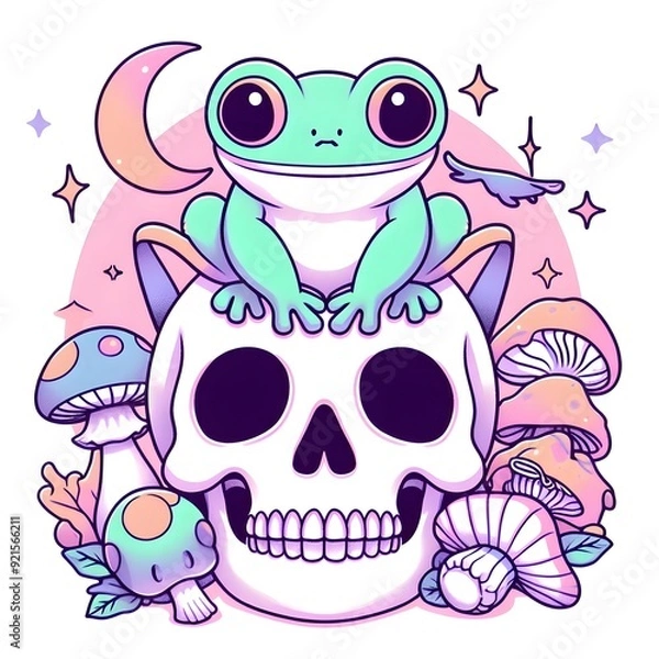 Fototapeta Cute Frog Sitting On Skull With Mushrooms and Moon