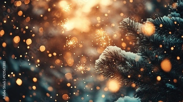 Obraz Festive Winter Wonderland: Snow-Covered Pine Branches and Warm Holiday Lights in Bokeh